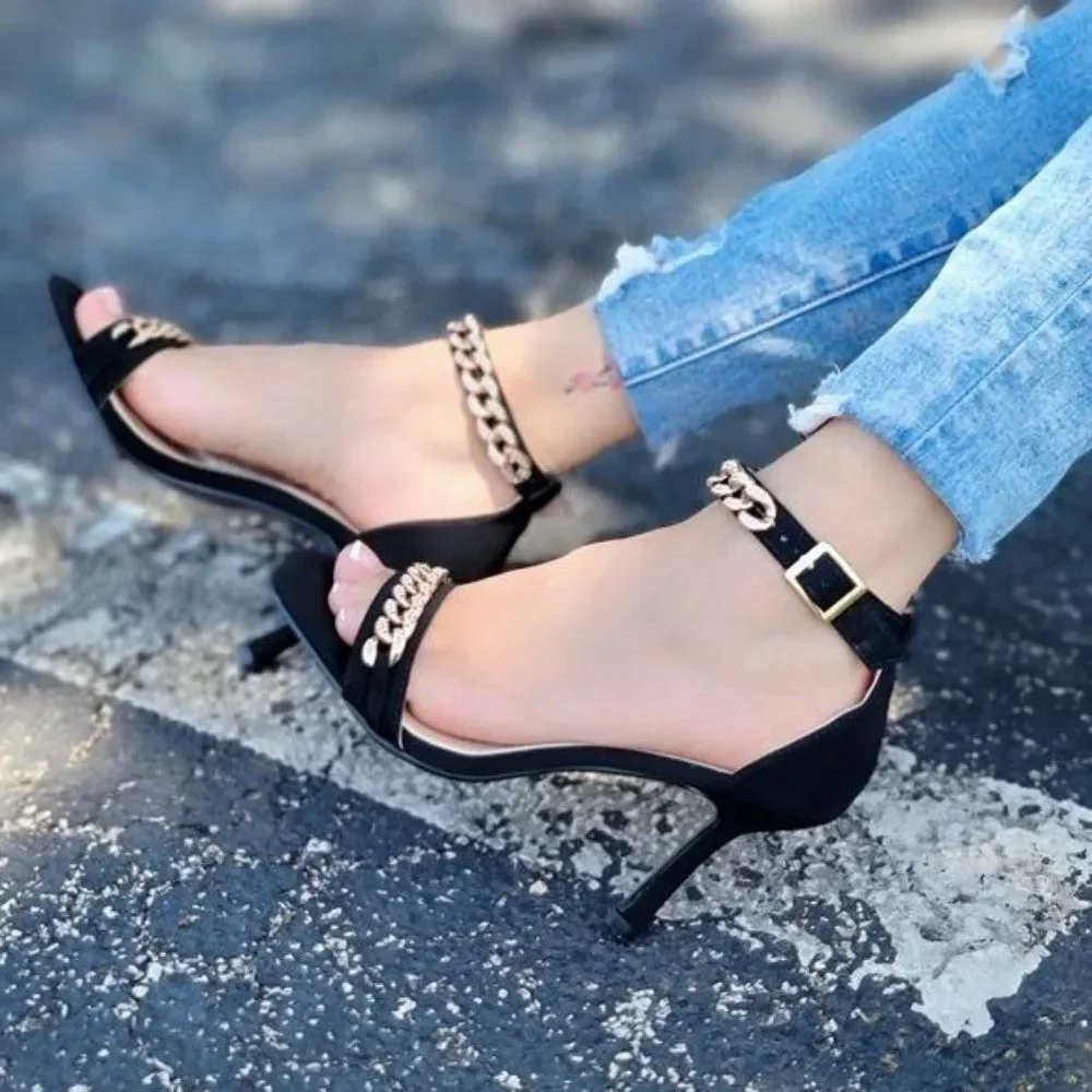 Womens Black Ankle Strap Heels Chains Stiletto Sandals - Picture 2 of 5